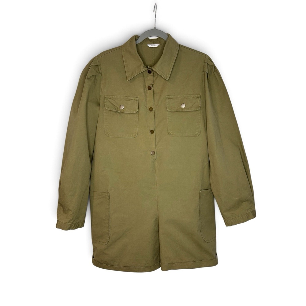 Doreen Women's L Olive Green Cotton Utility Romper Long Sleeve Snap Front